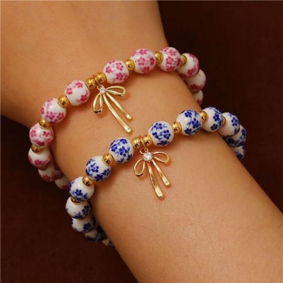 🌸 Set of 2 Floral Ceramic Bead Bracelets | Pink & Blue | Gold Bow Charm Accents - Picture 2 of 6